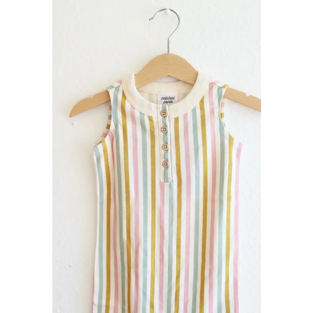 Sleeveless striped dress with button details, perfect for the Adorable Super Soft Organic Cotton Henley Romper