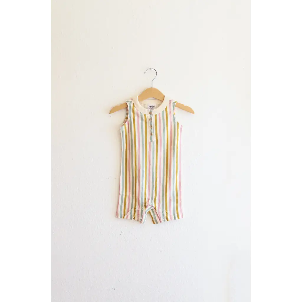 Sleeveless striped henley romper hanging on a wooden hanger, super soft organic cotton