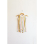 Sleeveless striped henley romper hanging on a wooden hanger, super soft organic cotton