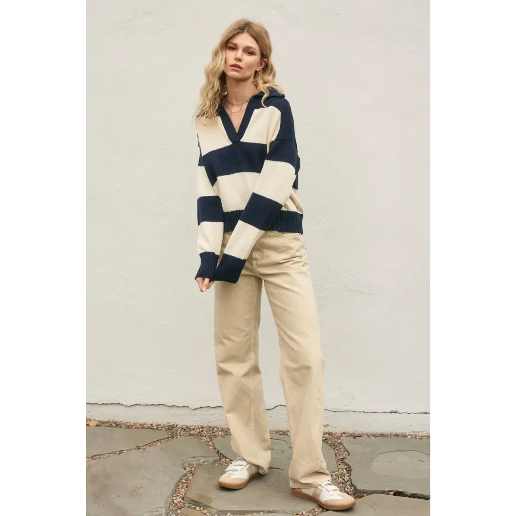 Stylish womens clothes Lana Striped Polo Sweater with relaxed fit and polished prints