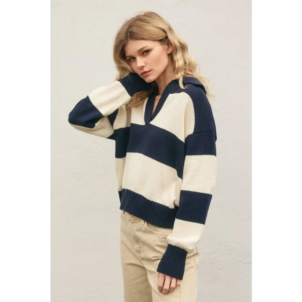 Stylish womens clothes Lana Striped Polo Sweater with relaxed fit and polished prints
