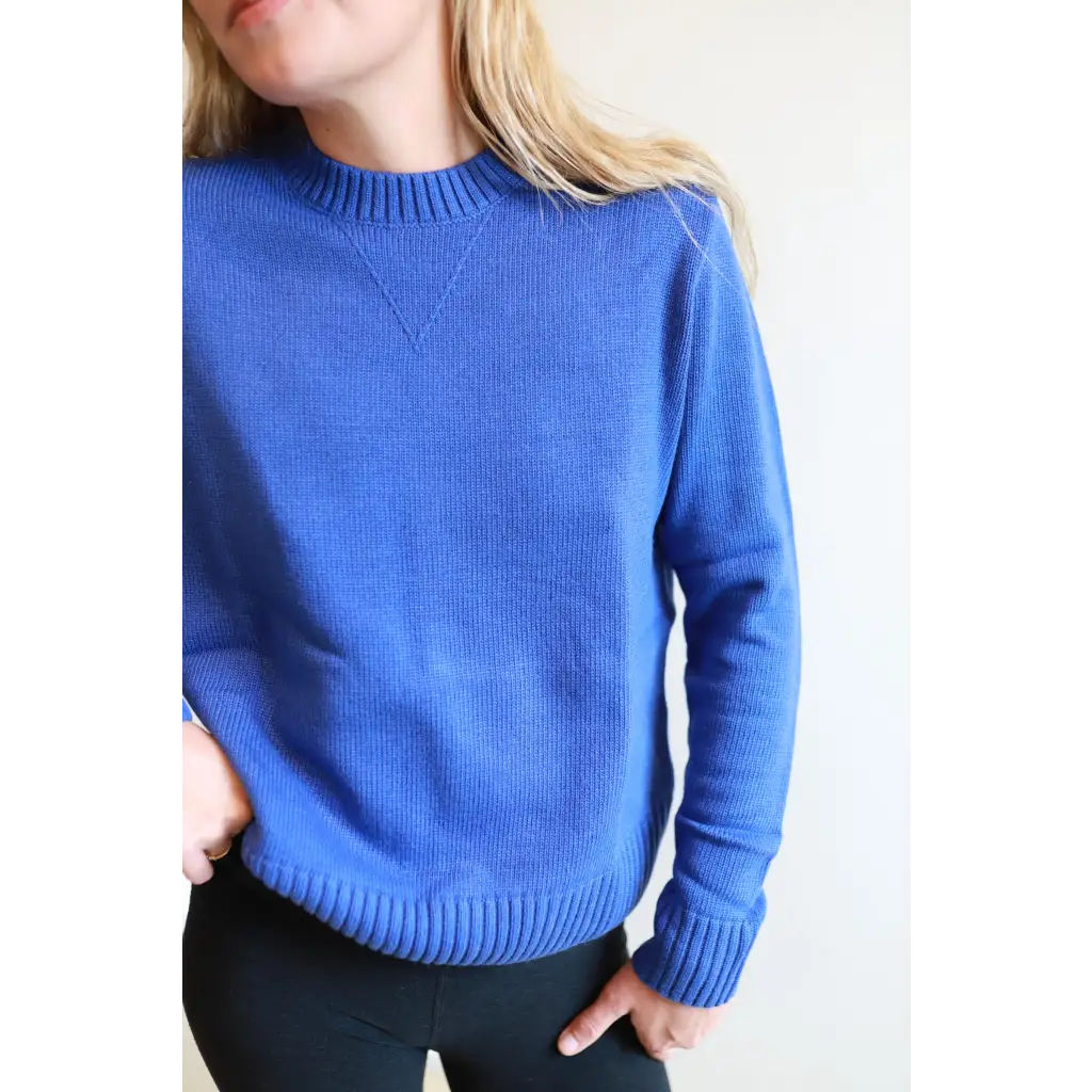 Bright blue Margo Crew Neck Sweater with ribbed trim and checkered pocket detail