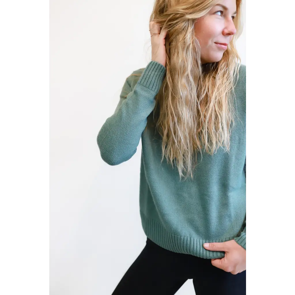 Sage green knit Margo Crew Neck Sweater with ribbed details for cozy vibes