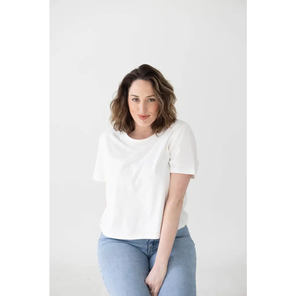 White cotton boxy tee designed for stylish moms, perfect for casual everyday wear