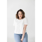 White cotton boxy tee designed for stylish moms, perfect for casual everyday wear