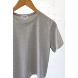 Gray crew neck t-shirt from The Mom Crop with polished prints for stylish womens clothes