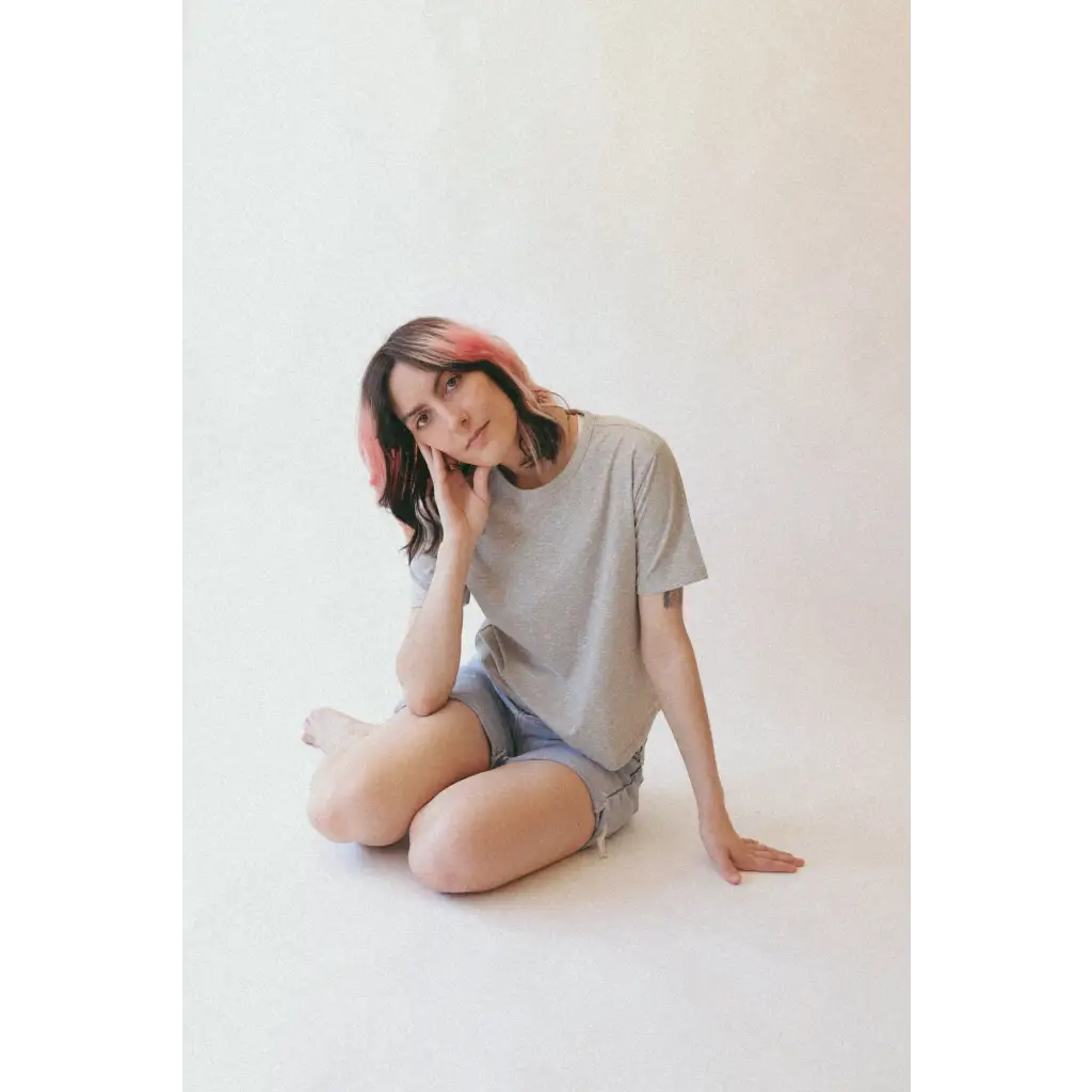 Woman in gray mom crop top and denim shorts from The Mom Crop in Gray, stylish womens clothes