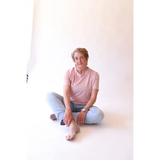 Elderly woman in casual stylish womens clothes wearing The Mom Crop in Rose with polished prints
