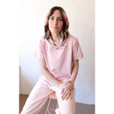Pink matching t-shirt and pants outfit from The Mom Crop in Rose, perfect for stylish womens clothes