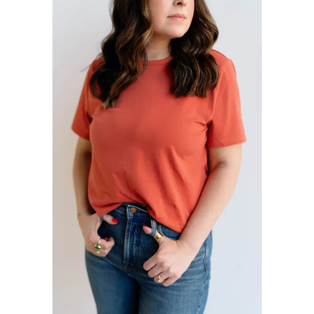 Coral Boxy Tee designed for everyday style with blue jeans, perfect mom crop outfit