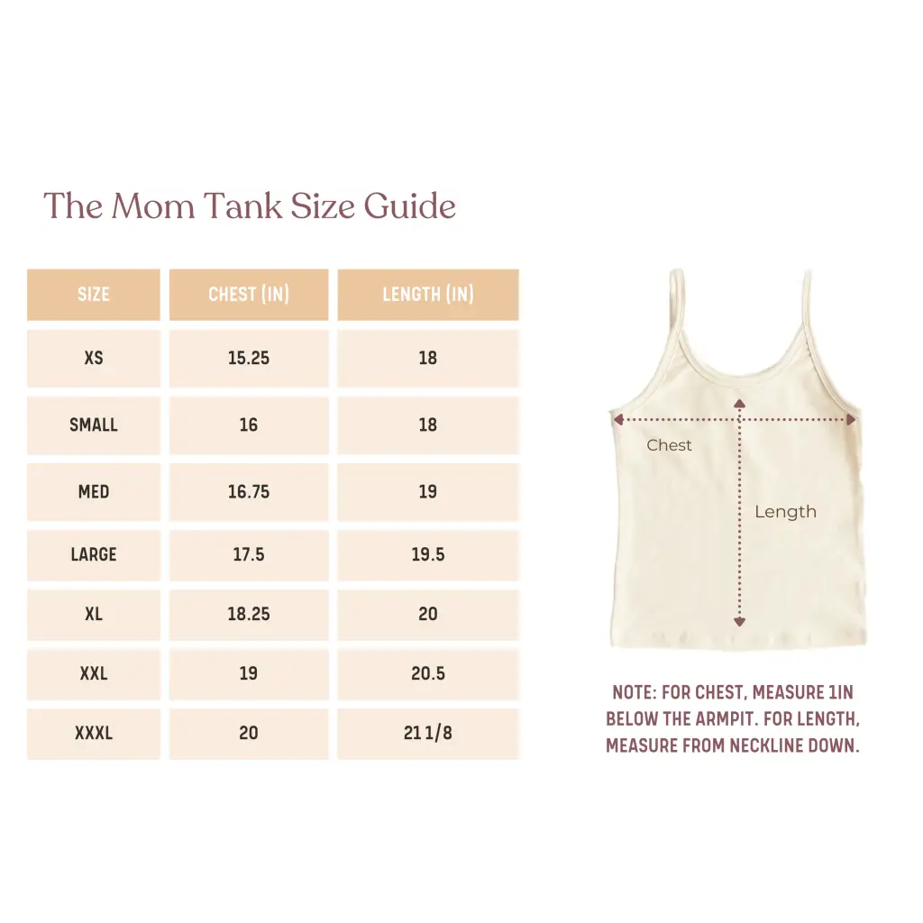 Size guide for Navy Transitional Mom Tank Top with recommend sizing instructions