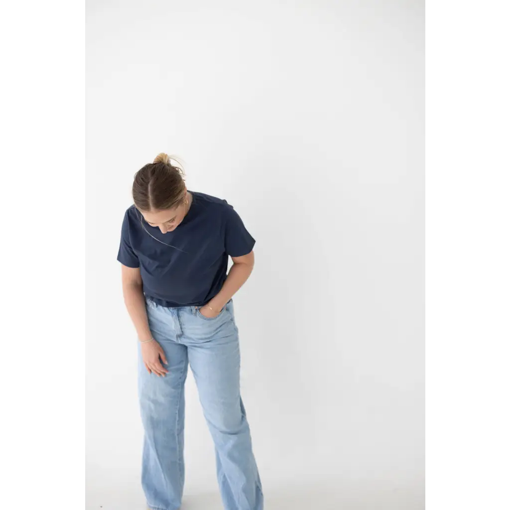 Light blue wide-leg jeans with a navy mom tee in comfy spandex blend