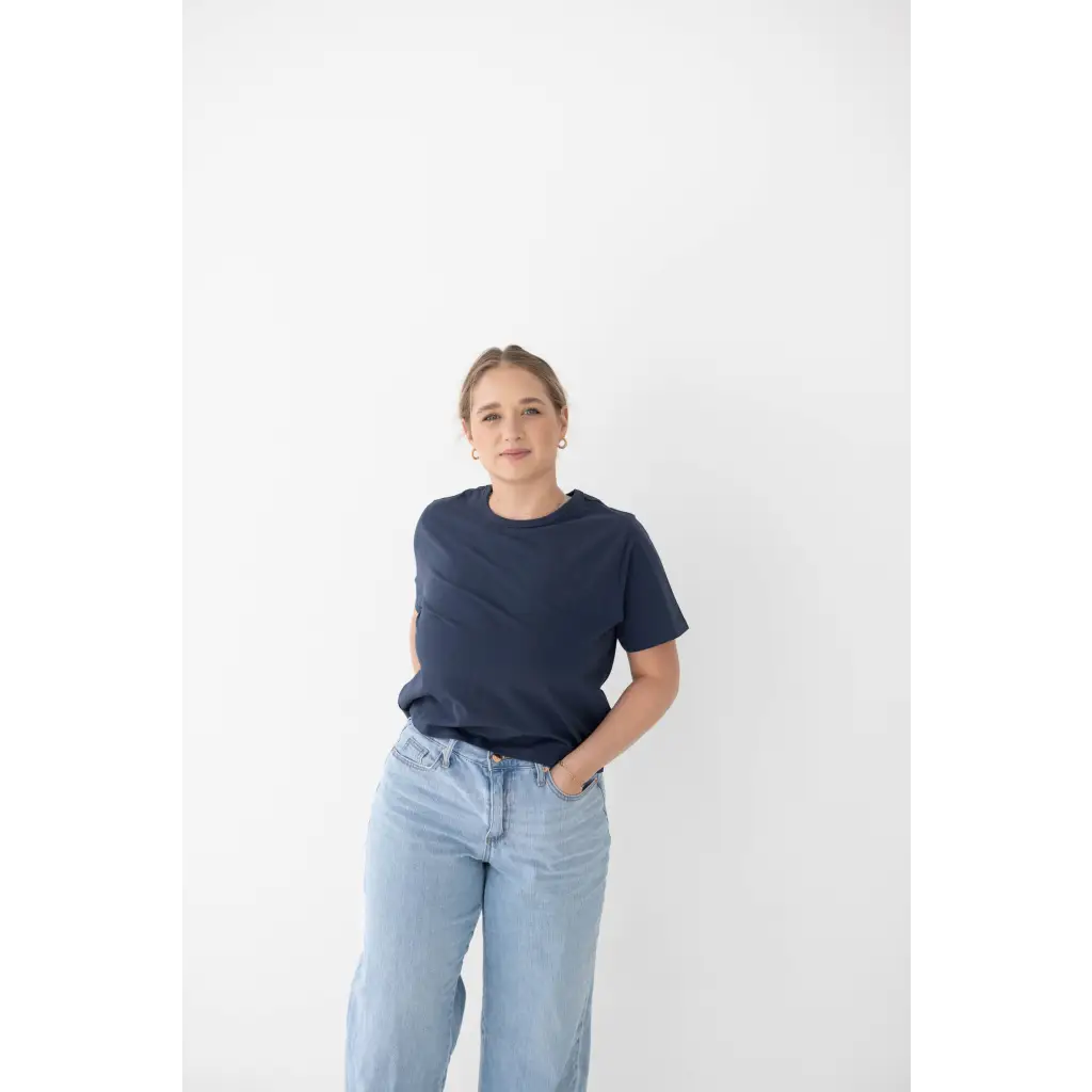 Navy Mom Tee in Spandex Blend with Light Wash Jeans for a trendy casual look