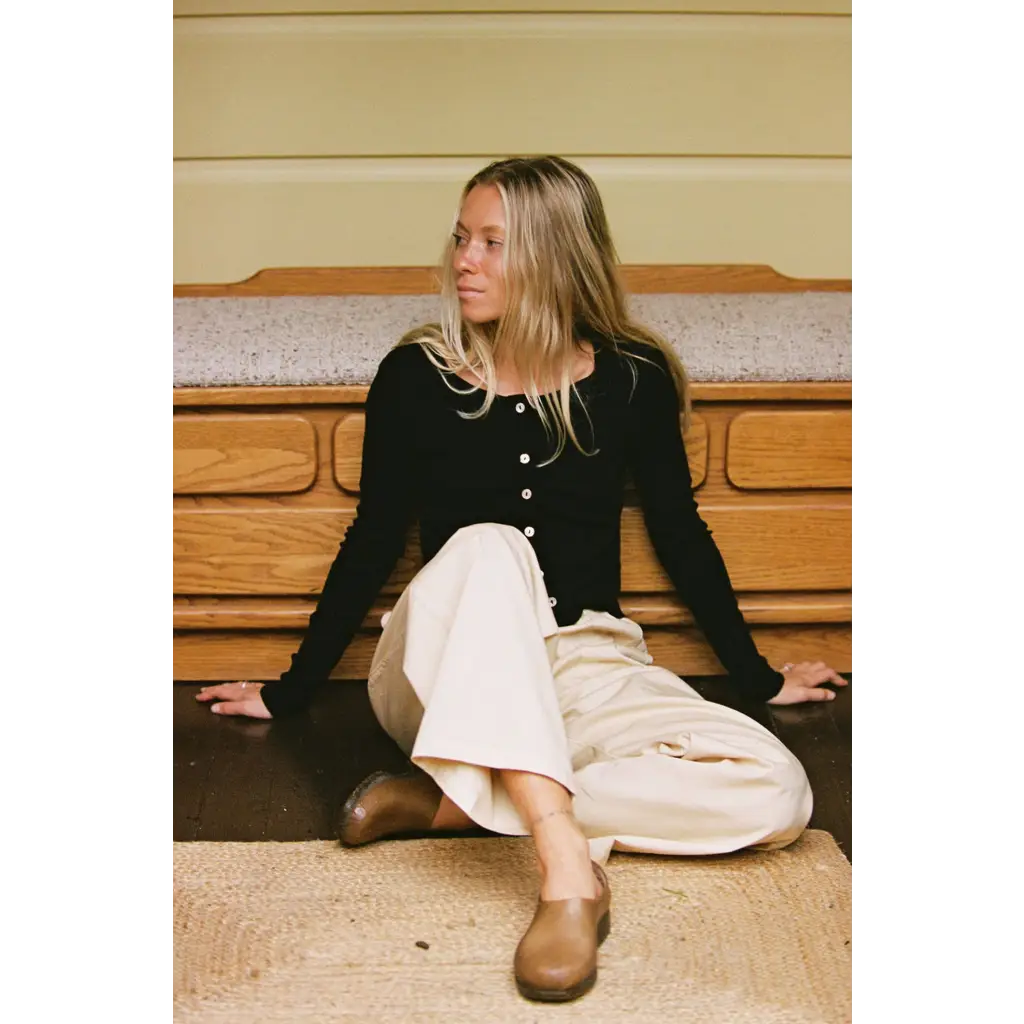 Tan leather moccasins with baby rib organic cotton cardigan