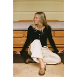 Tan leather moccasins with baby rib organic cotton cardigan