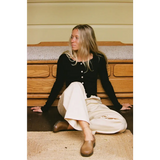 Tan leather moccasins with baby rib organic cotton cardigan