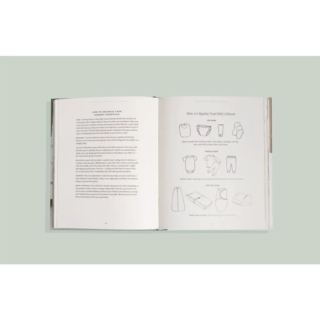 Open book with text and line drawings, perfect for expecting parents organizing their home