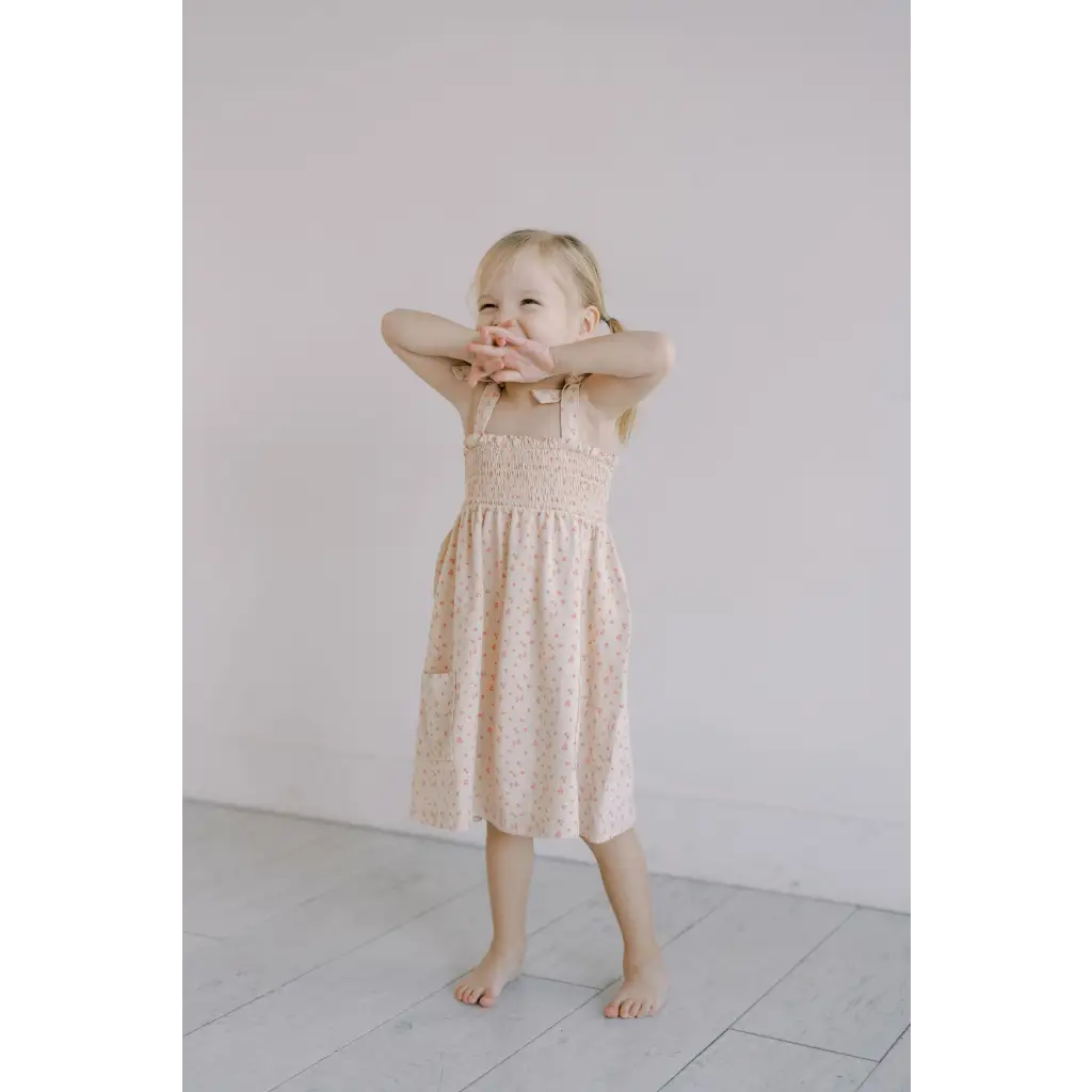 Pale Pink Play Dress for Kids with Pockets and Gathered Waist, perfect smock dress vibe