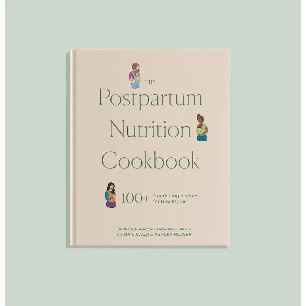 Postpartum Nutrition Cookbook cover with moms and babies promoting health and wellness