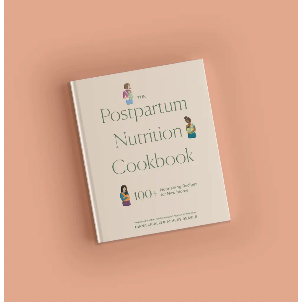 Cover of The Postpartum Nutrition Cookbook for new moms promoting healthy eating