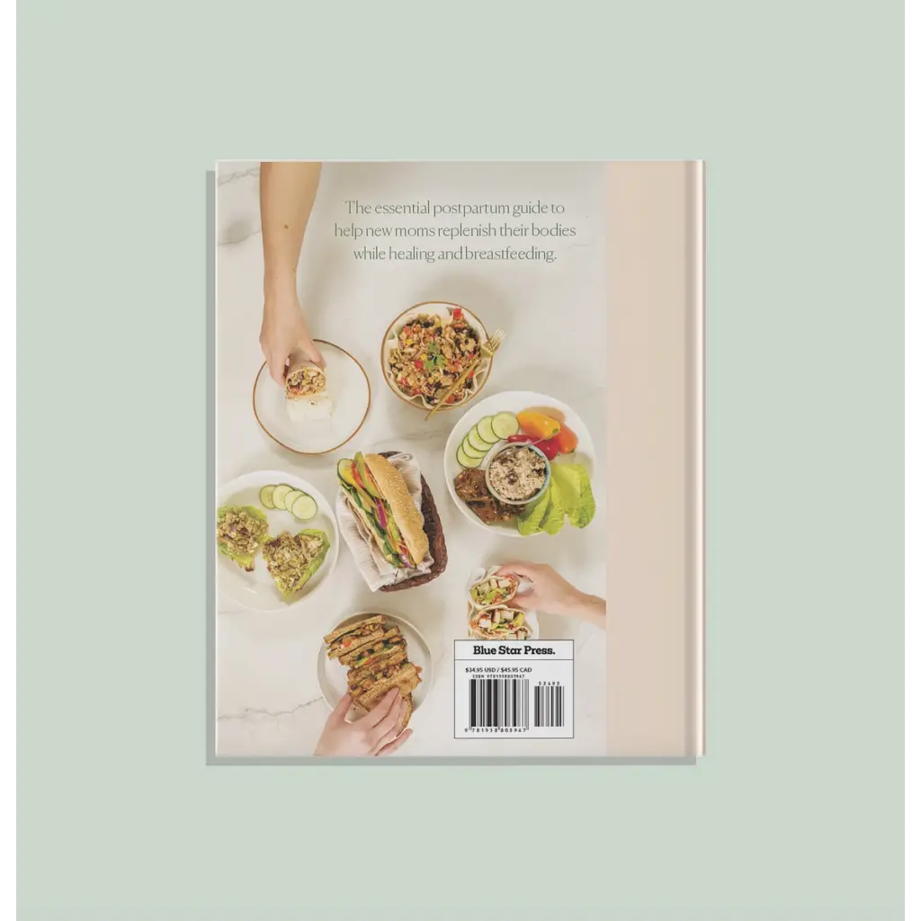 Back cover of Postpartum Nutrition Cookbook with delicious plated dishes and eager hands