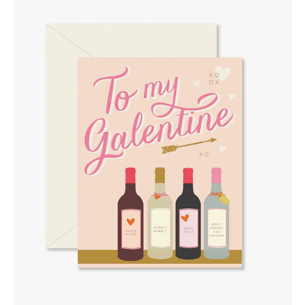 Cute Galentine greeting card with wine bottles and pink script for your bestie