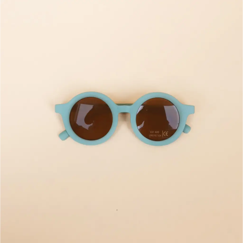 Light blue round retro sunglasses with dark brown lenses for babies and toddlers