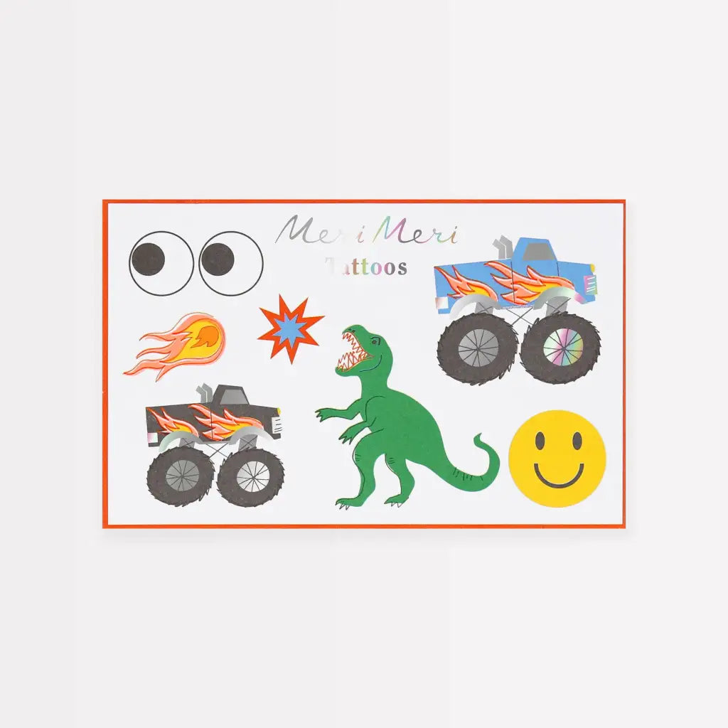 Toybox Temporary Tattoos: green dinosaur, flames on stylish paper envelope