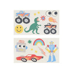Toybox Temporary Tattoos sheet with dinos, trucks, robots, rainbow, holographic foil accents