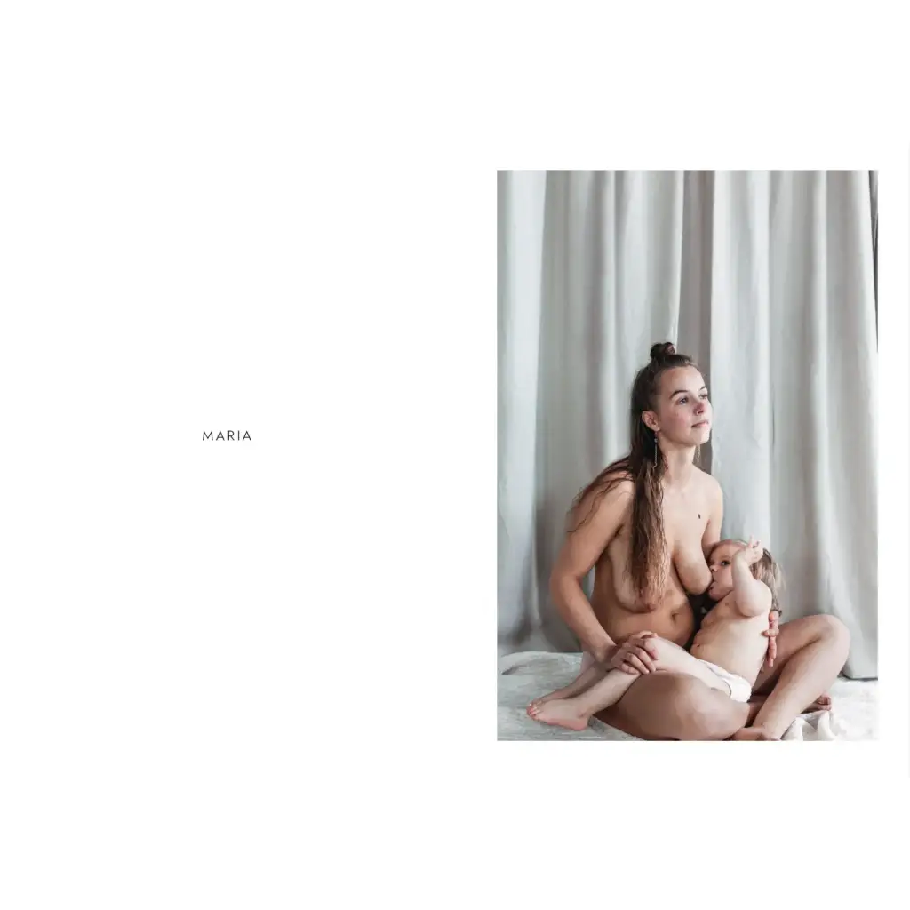 Nude mom with long brown hair and baby in diaper on bed, Traces Of Motherhood polished print