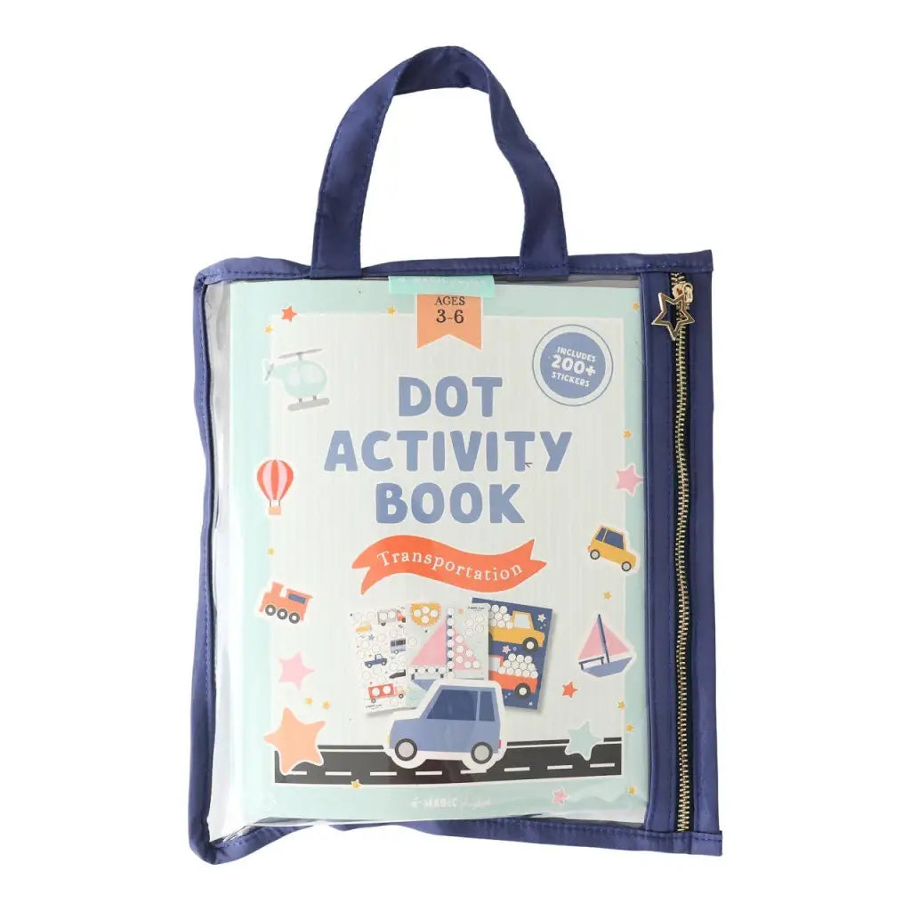 Navy blue reusable zippered pouch with dot marker activity kit inside