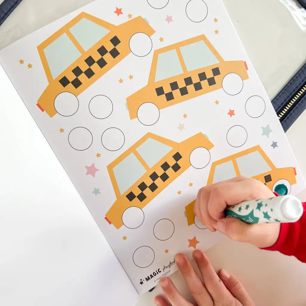 Yellow taxi coloring page in Transportation activity kit with dot markers