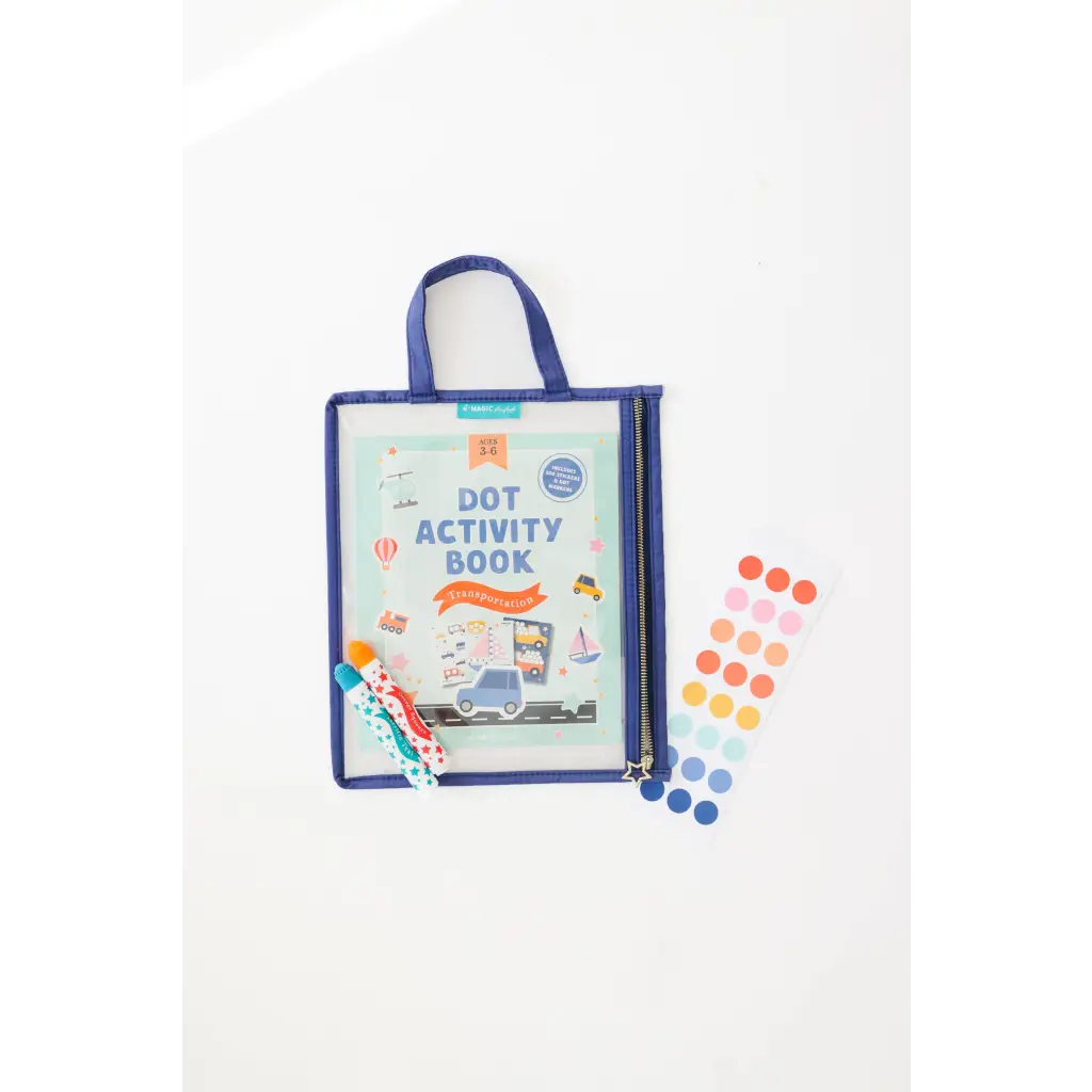 Reusable zippered pouch with Transportation activity kit, dot markers