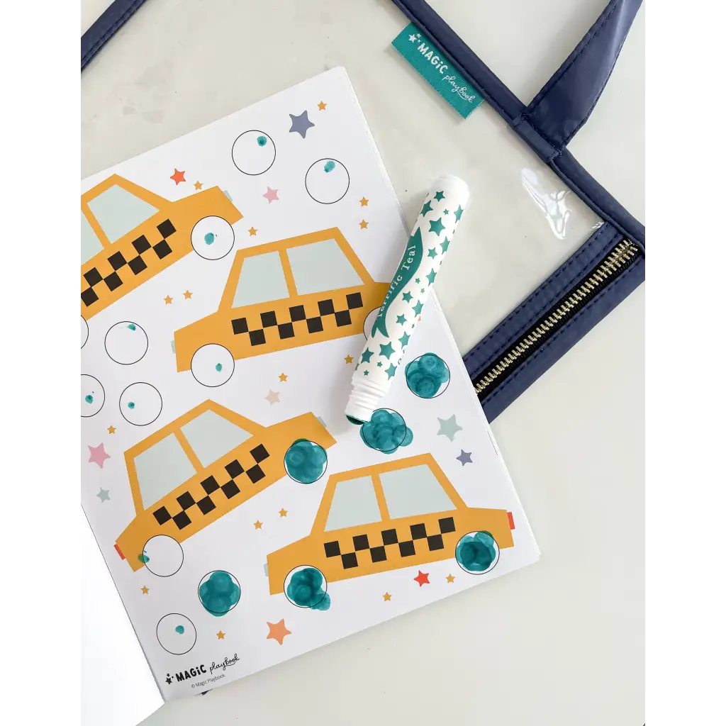 White Transportation activity kit with yellow taxis, stars, dot markers