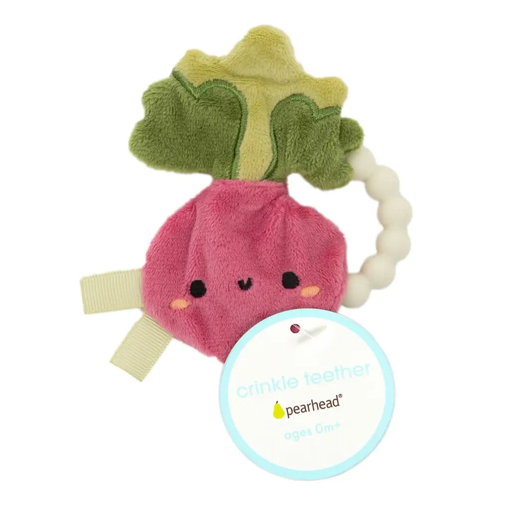 Cute pink turnip crinkle teether with beaded ring and green leaves by Pearhead