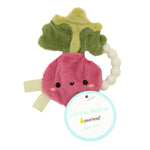 Cute pink turnip crinkle teether with beaded ring and green leaves by Pearhead