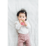 Pink plush elephant baby teether with crinkle design and beaded ring