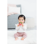 Pink crinkle teether baby toy with plush elephant and beaded ring