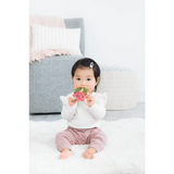 Pink crinkle teether baby toy with plush elephant and beaded ring