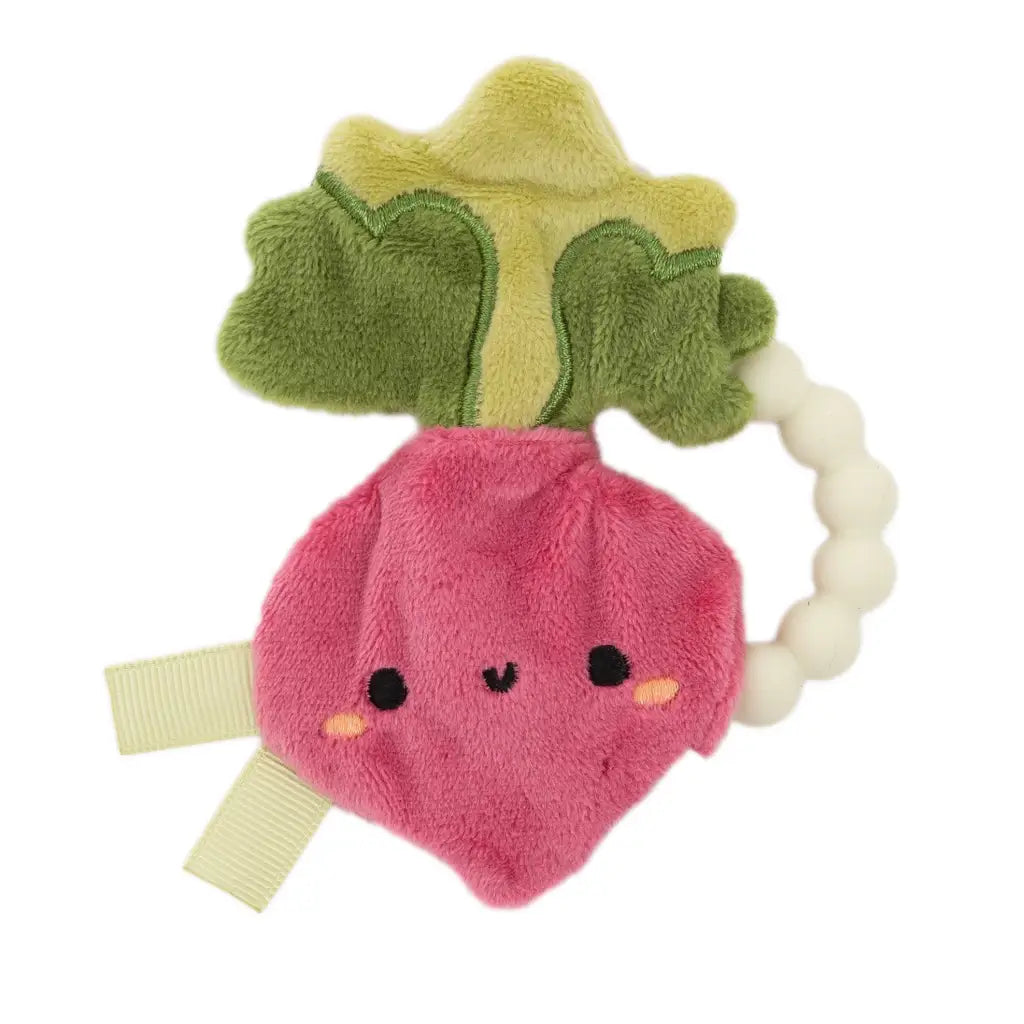 Cute pink radish crinkle baby teether with green leaves and beaded ring