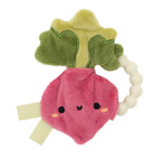 Cute pink radish crinkle baby teether with green leaves and beaded ring