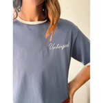 Gray Unhinged Ringer Tee in slightly oversized unisex cut with cool embroidered chest