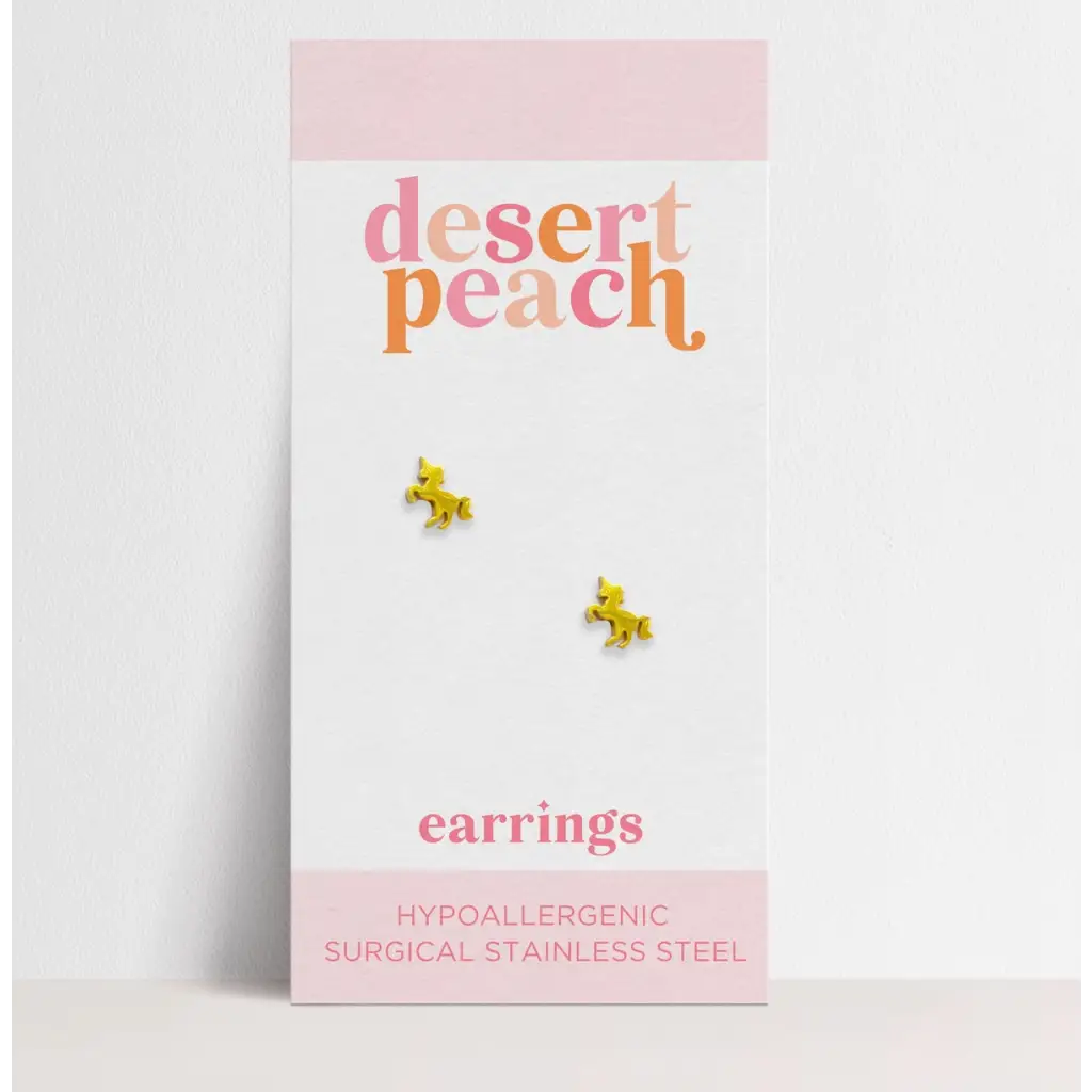 Yellow Unicorn Stud Earrings on a Desert Peach card for active girls in stainless steel