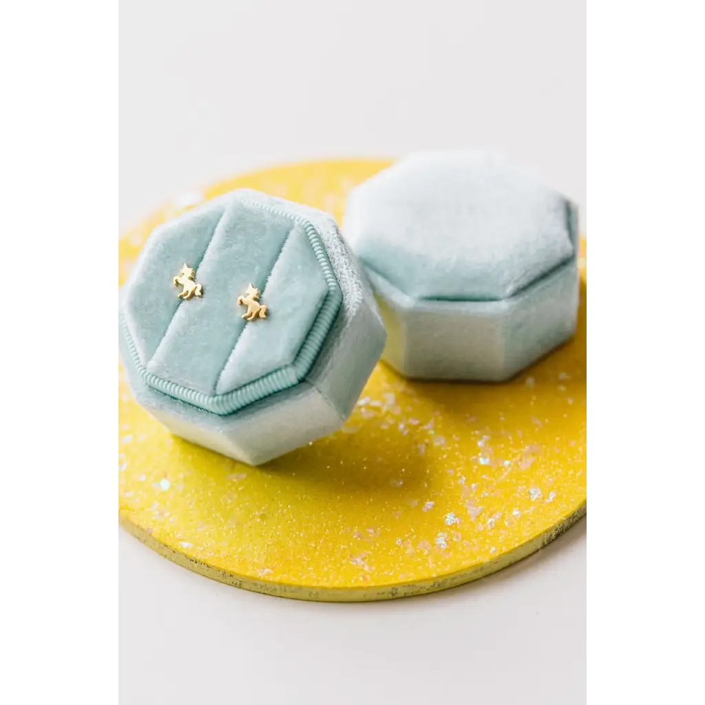 Hexagonal mint velvet ring boxes with gold stars for Unicorn Stud Earrings for Active Girls