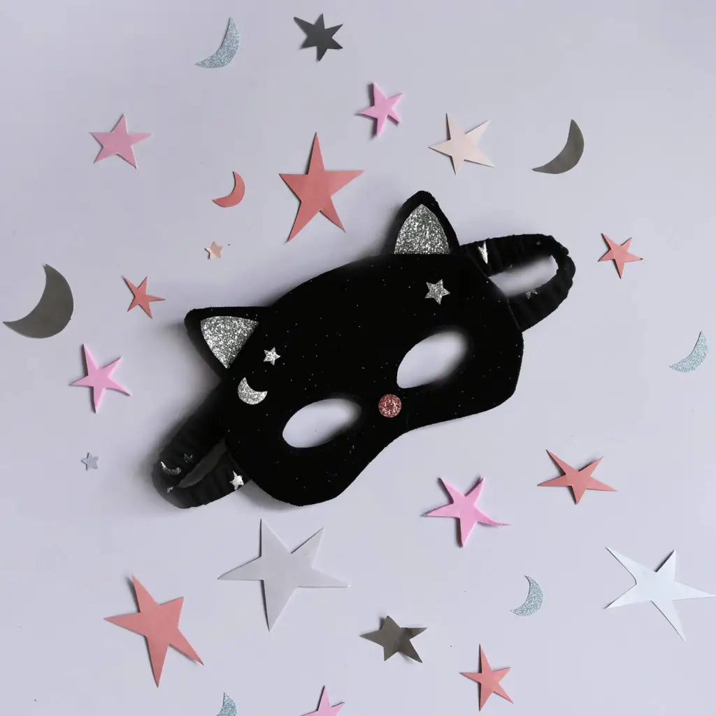 Black cat mask for kids with glitter ears and star moon decorations in Velvet Black Cat Mask product