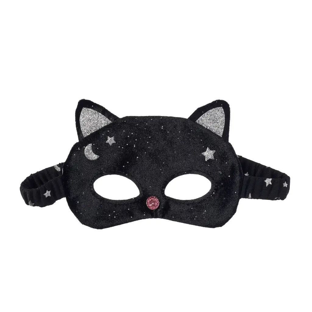 Black cat mask for kids with glitter ears, celestial accents, and pink nose