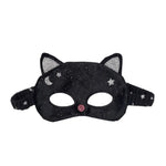 Black cat mask for kids with glitter ears, celestial accents, and pink nose