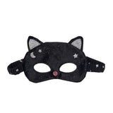 Black cat mask for kids with glitter ears, celestial accents, and pink nose