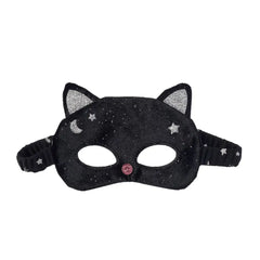 Black cat mask for kids with glitter ears, celestial accents, and pink nose
