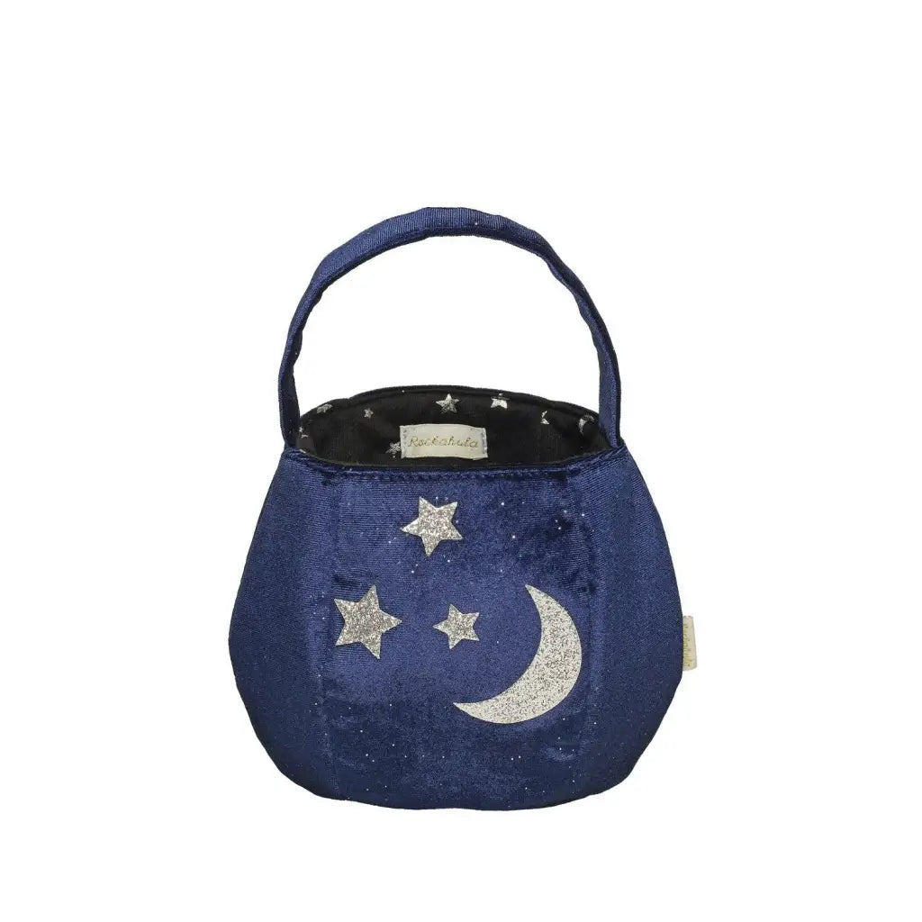 Dark blue Velvet Twilight Cauldron Bag with glittery silver stars and moon, perfect for stylish womens clothes
